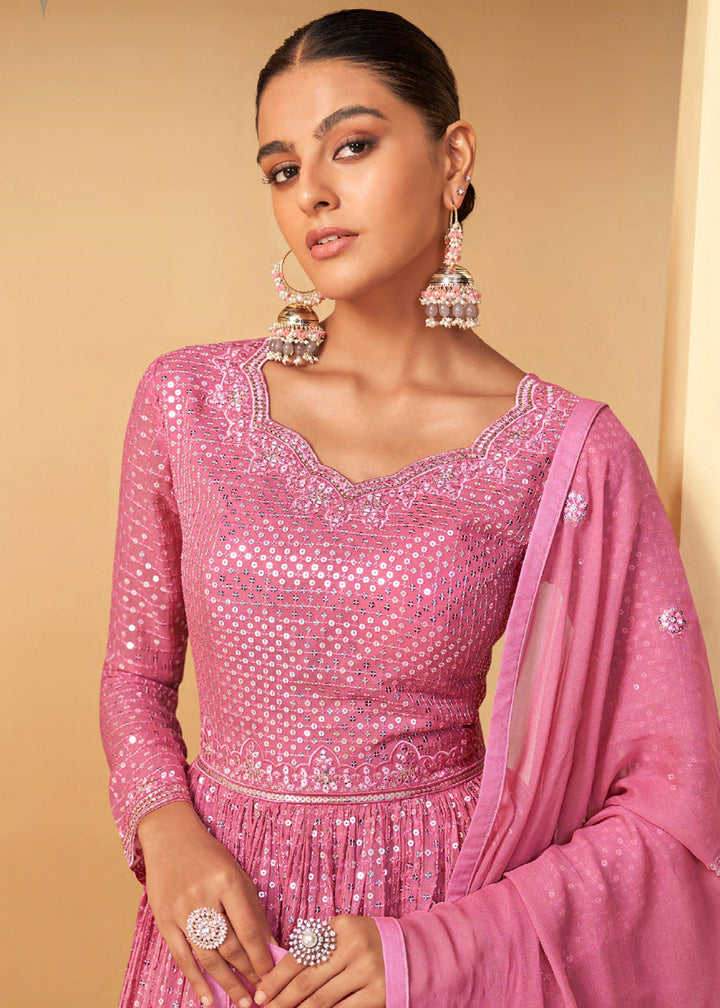 Shop Now Pretty Light Pink Sequins Embroidered Sharara Style Suit Online at Empress Clothing in USA, UK, Canada, Germany & Worldwide. 