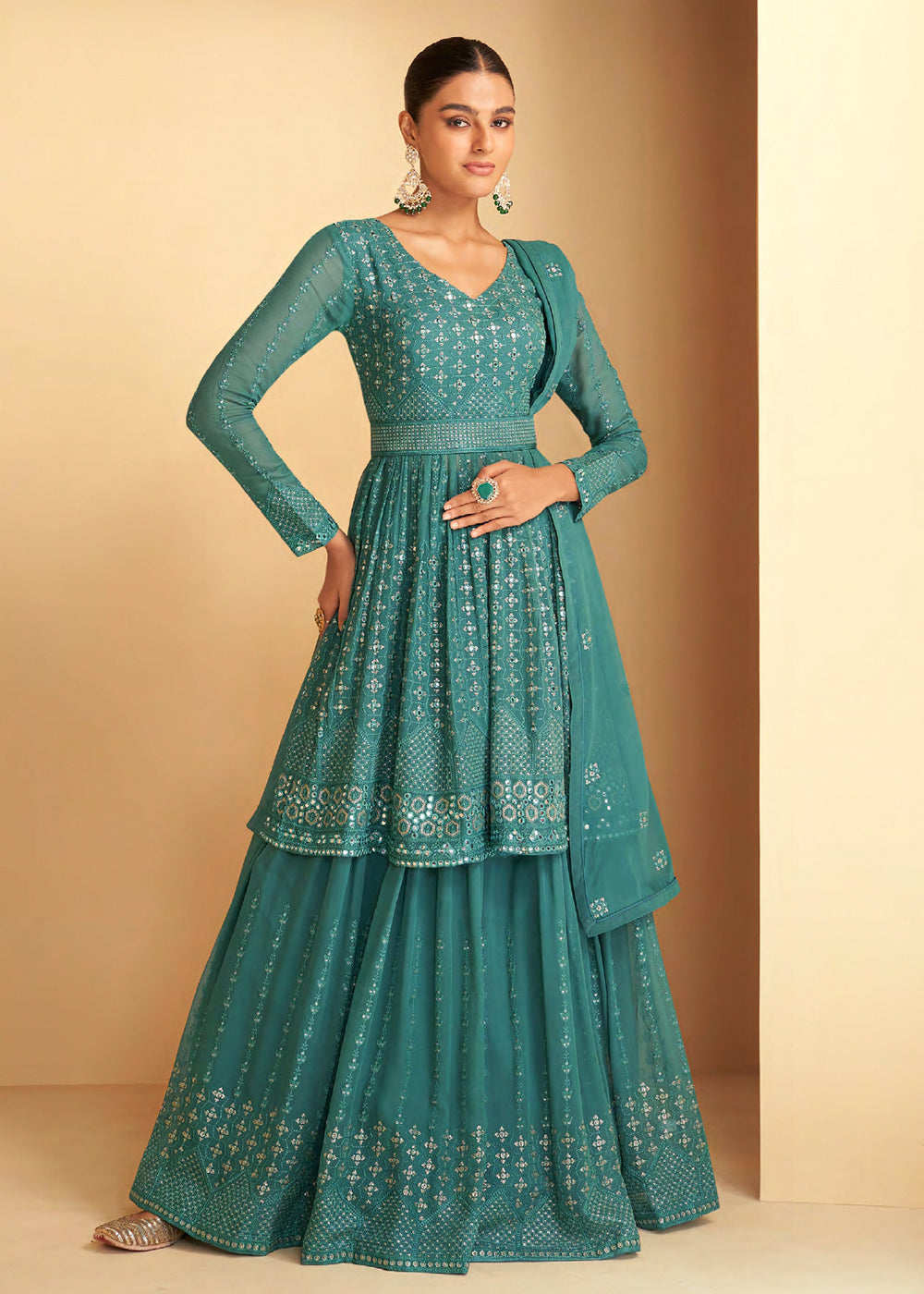 Shop Now Pretty Sea Green Sequins Embroidered Sharara Style Suit Online at Empress Clothing in USA, UK, Canada, Germany & Worldwide. 