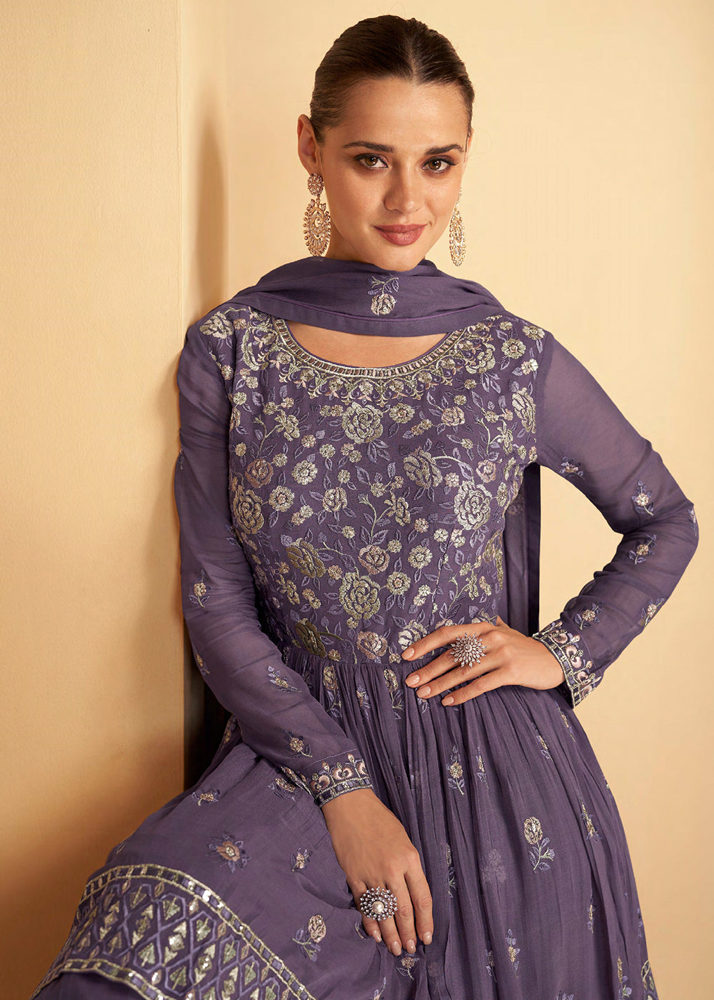 Shop Now Pretty Purple Sequins Embroidered Sharara Style Suit Online at Empress Clothing in USA, UK, Canada, Germany & Worldwide. 