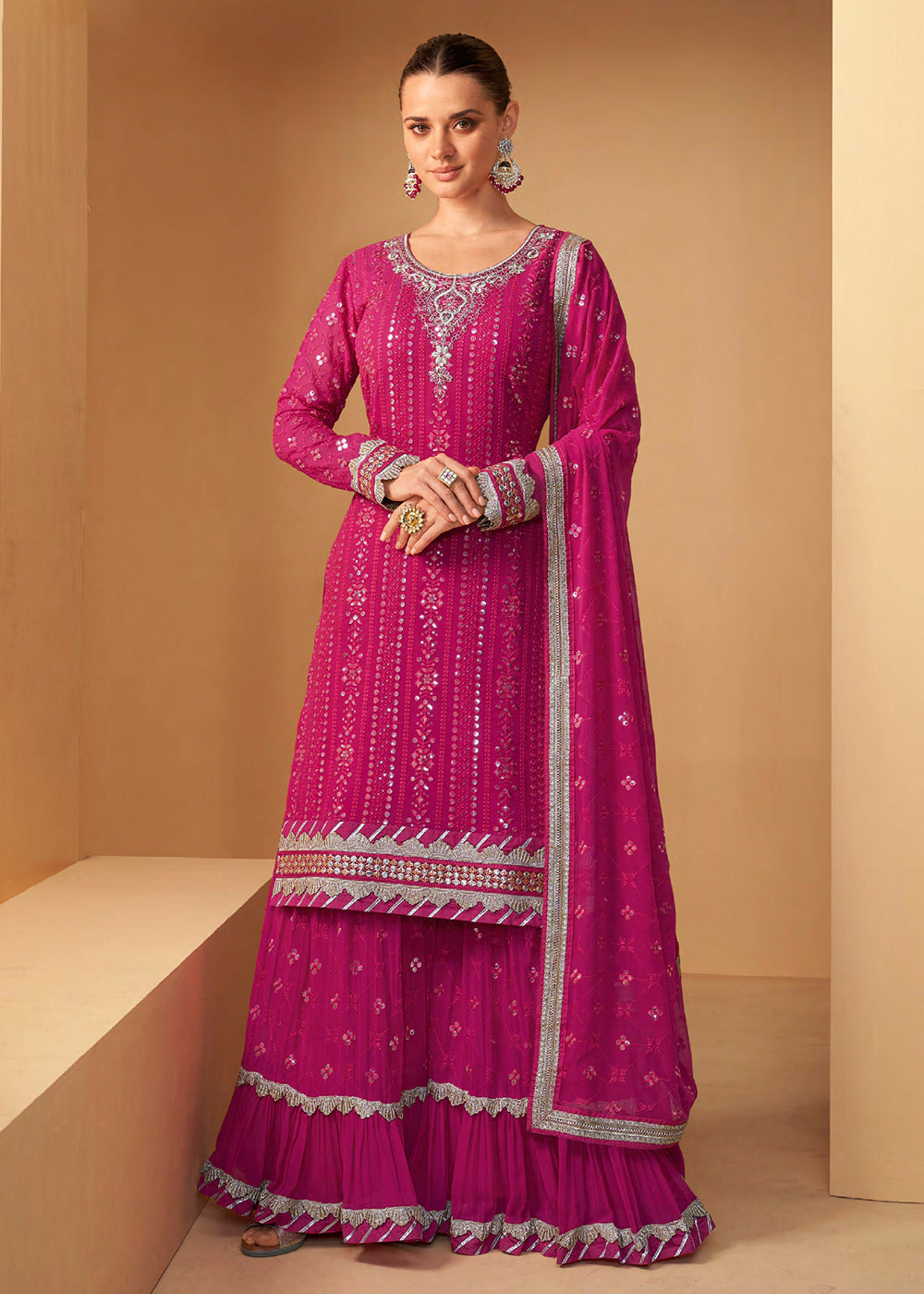 Shop Now Pretty Hot Pink Sequins Embroidered Sharara Style Suit Online at Empress Clothing in USA, UK, Canada, Germany & Worldwide.