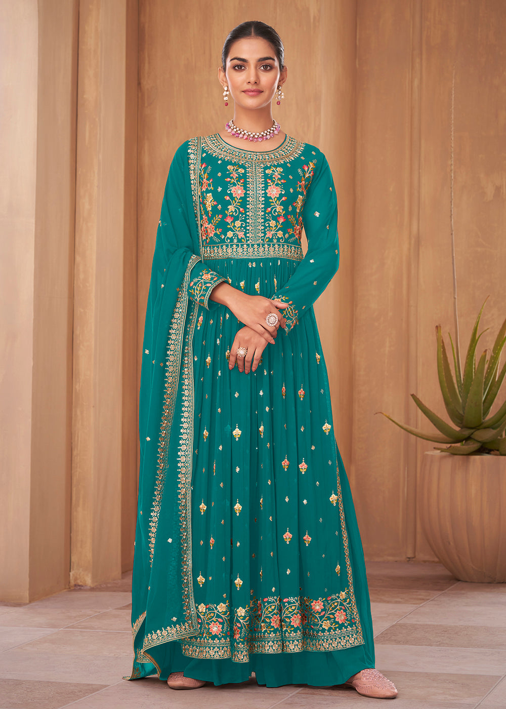 Buy Now Party Style Turquoise Blue Georgette Palazzo Salwar Kurta Online in USA, UK, Canada & Worldwide at Empress Clothing.