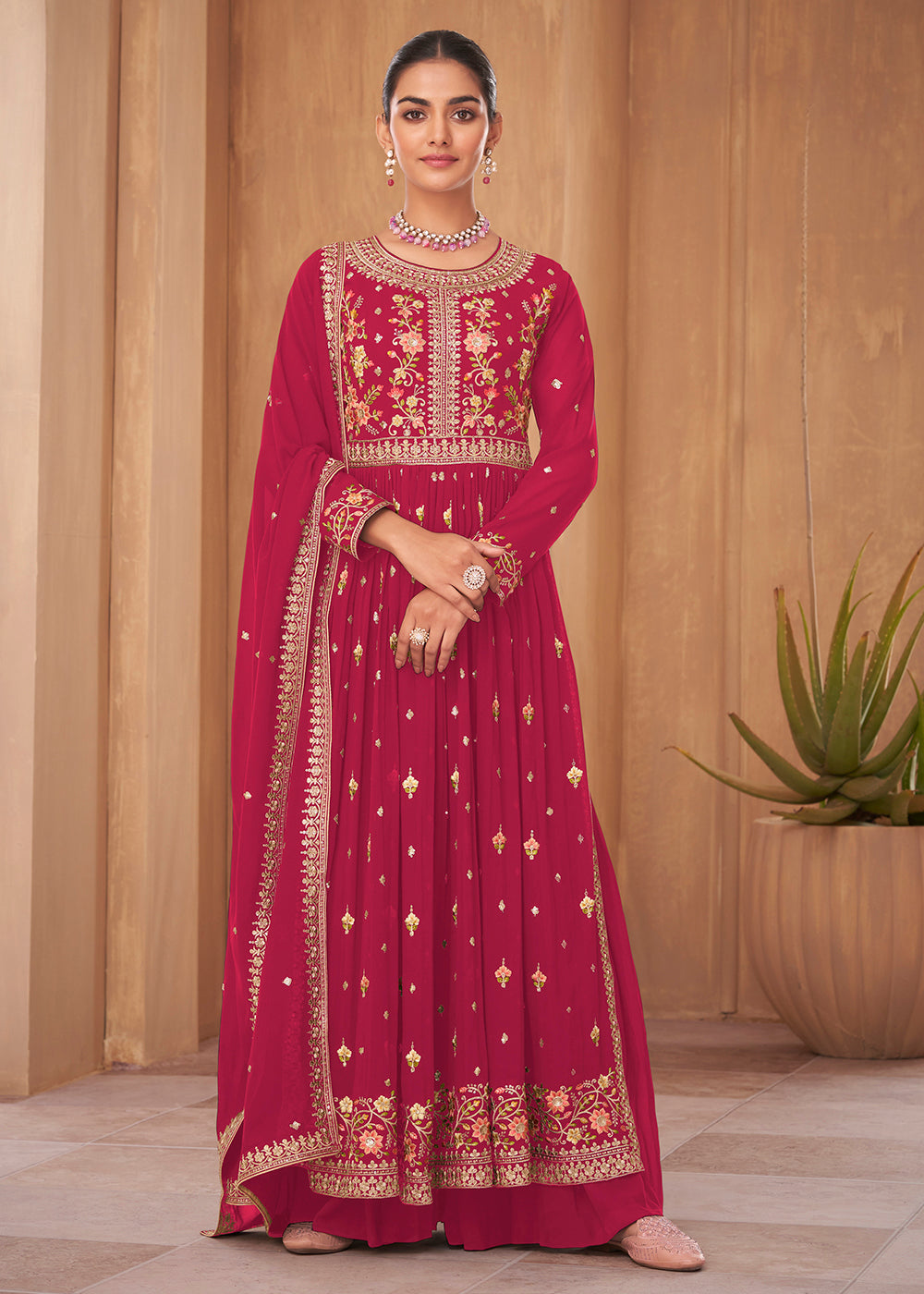 Buy Now Party Style Hot Pink Georgette Palazzo Salwar Kurta Online in USA, UK, Canada & Worldwide at Empress Clothing.