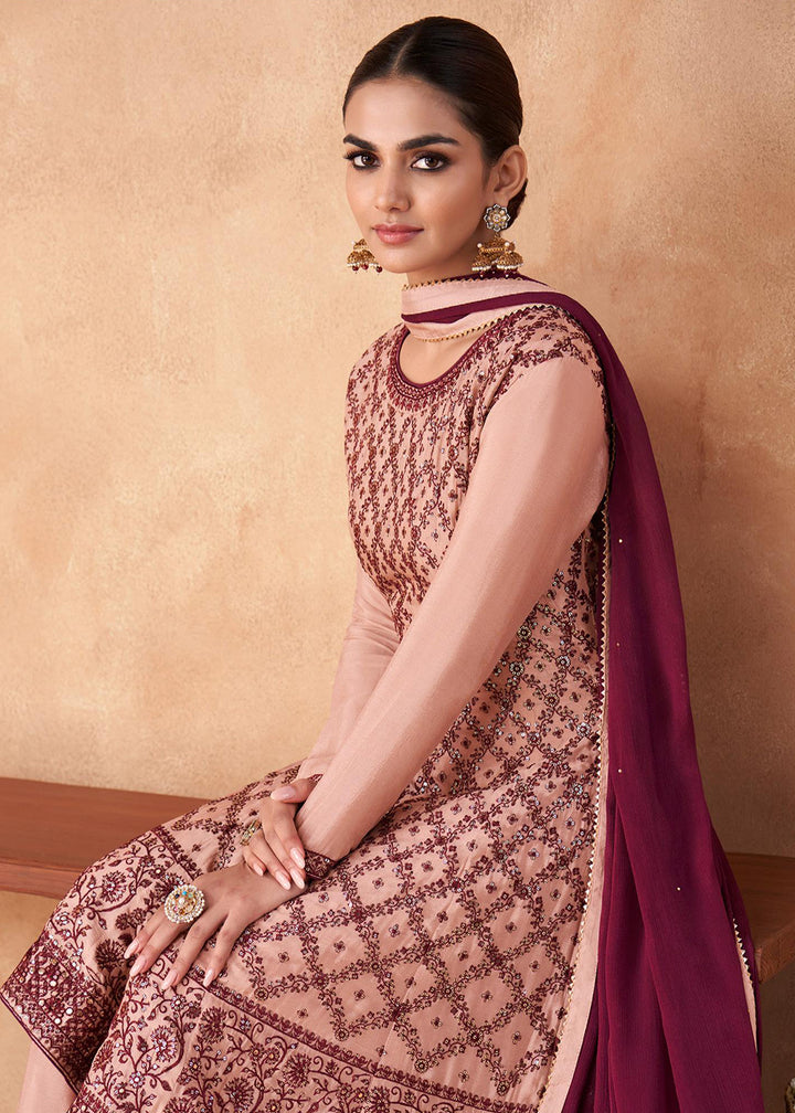 Buy Now Palazzo Style Peachy Pink Georgette & Chinon Salwar Suit Online in USA, UK, Canada, Germany, Australia & Worldwide at Empress Clothing.