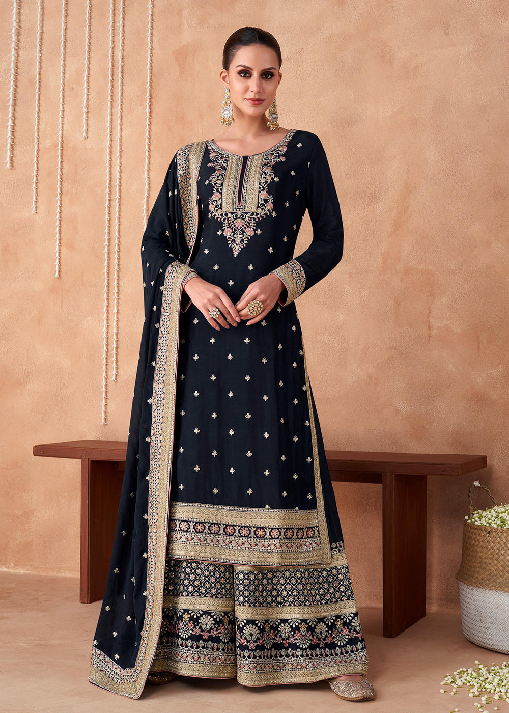 Buy Now Palazzo Style Dark Blue Georgette & Chinon Salwar Suit Online in USA, UK, Canada, Germany, Australia & Worldwide at Empress Clothing.