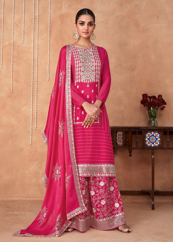Buy Now Palazzo Style Hot Pink Georgette & Chinon Salwar Suit Online in USA, UK, Canada, Germany, Australia & Worldwide at Empress Clothing.