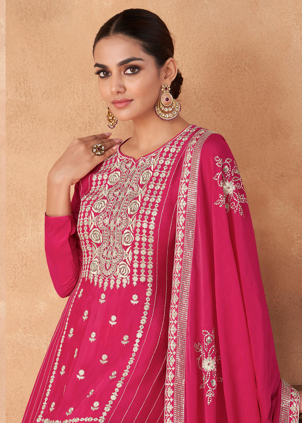 Buy Now Palazzo Style Hot Pink Georgette & Chinon Salwar Suit Online in USA, UK, Canada, Germany, Australia & Worldwide at Empress Clothing.