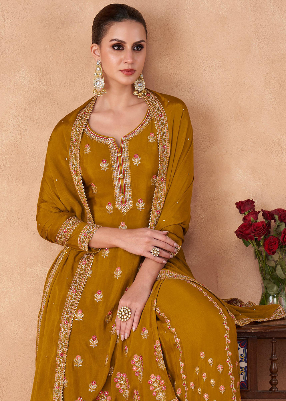 Buy Now Palazzo Style Mustard Yellow Georgette & Chinon Salwar Suit Online in USA, UK, Canada, Germany, Australia & Worldwide at Empress Clothing. 