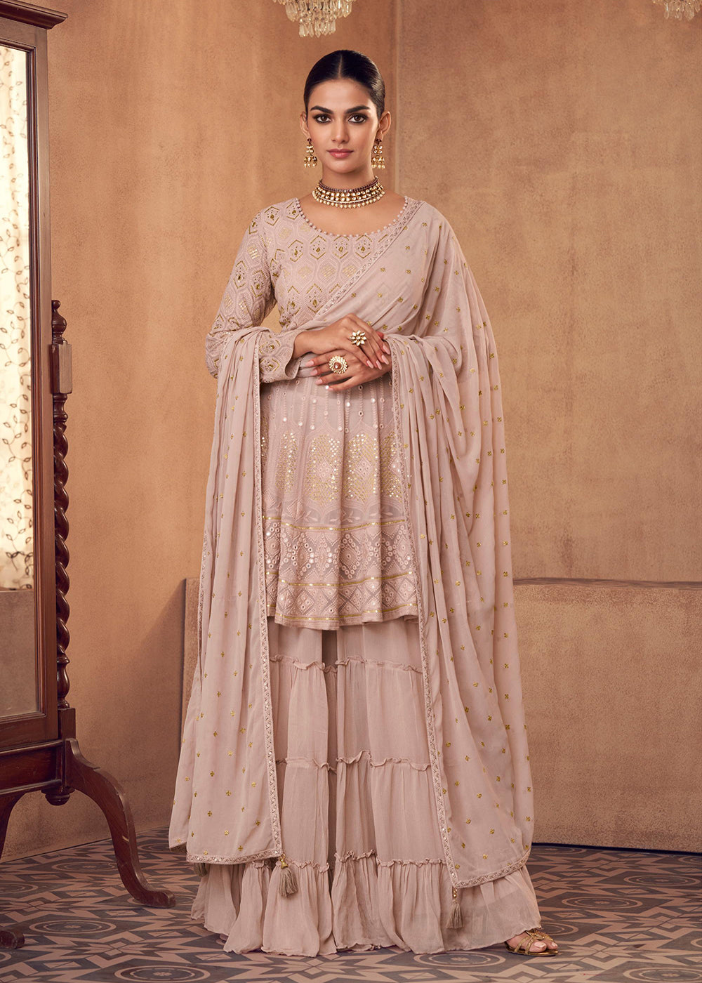 Buy Now Palazzo Style Light Mauve Georgette & Chinon Salwar Suit Online in USA, UK, Canada, Germany, Australia & Worldwide at Empress Clothing.