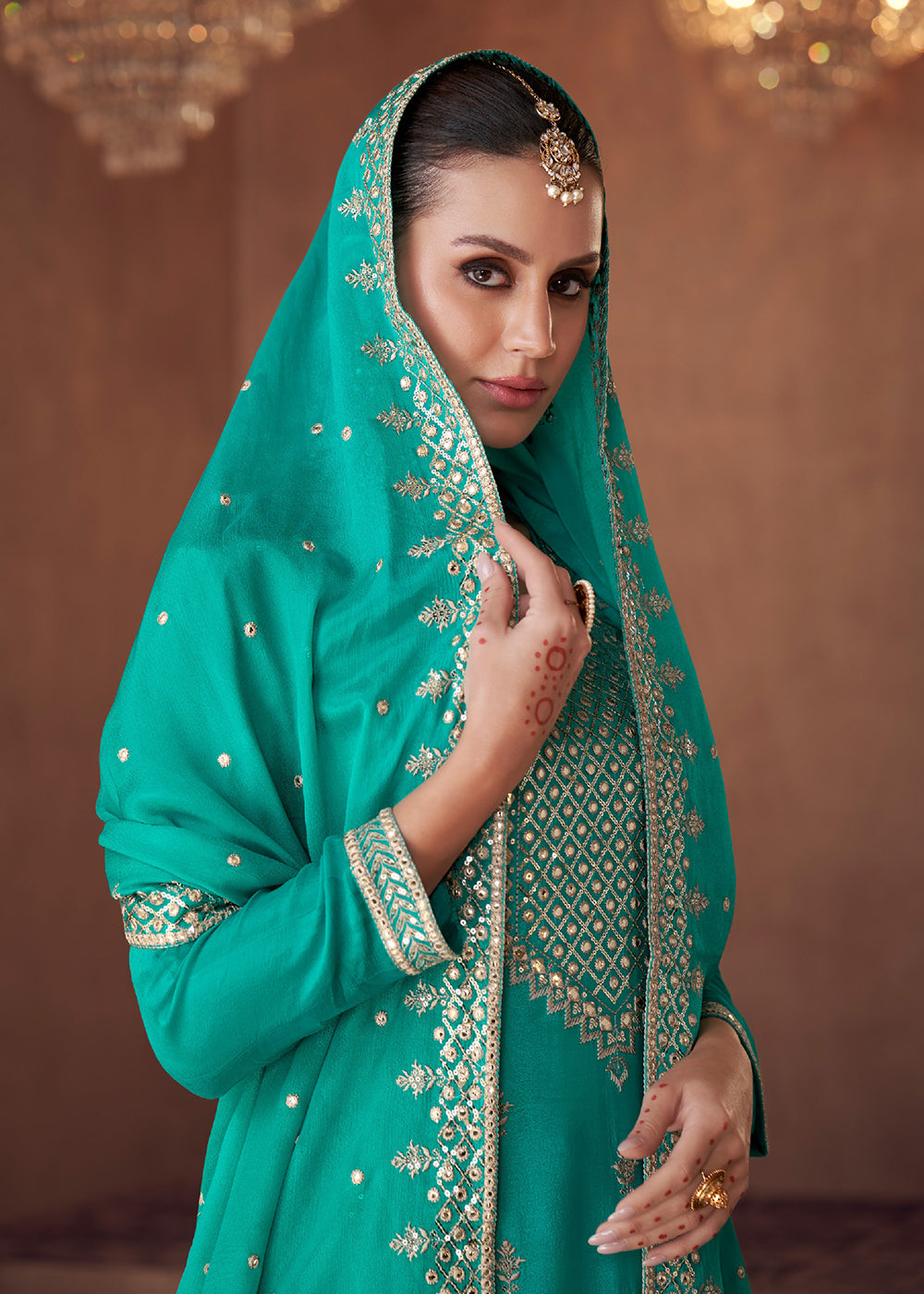 Buy Now Embellished Aqua Green Chinon & Georgette Designer Palazzo Suit Online in USA, UK, Canada, Germany, Australia & Worldwide at Empress Clothing.