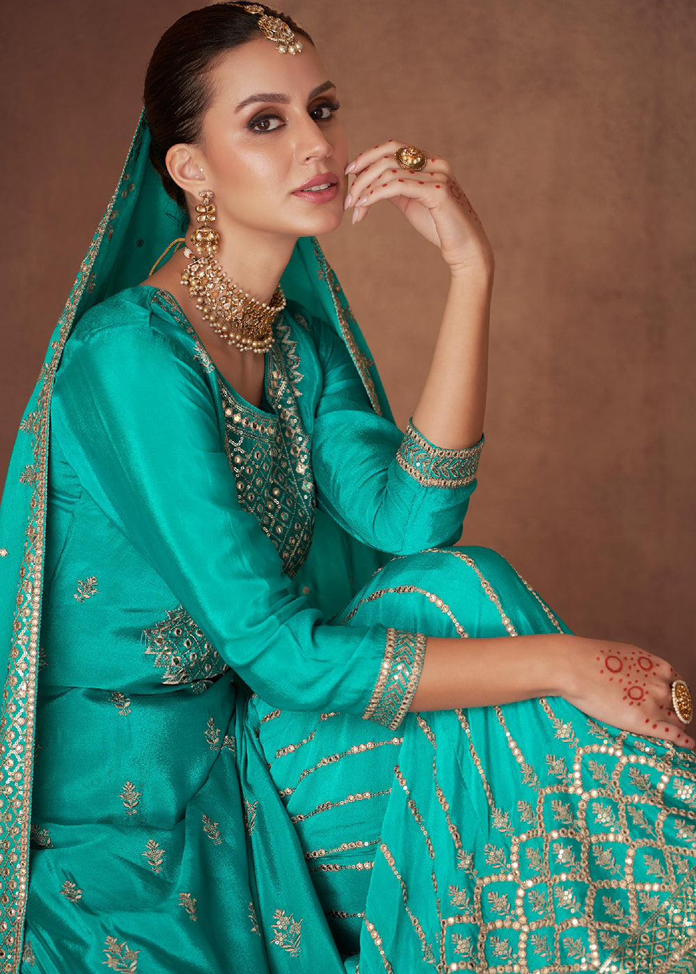 Buy Now Embellished Aqua Green Chinon & Georgette Designer Palazzo Suit Online in USA, UK, Canada, Germany, Australia & Worldwide at Empress Clothing.