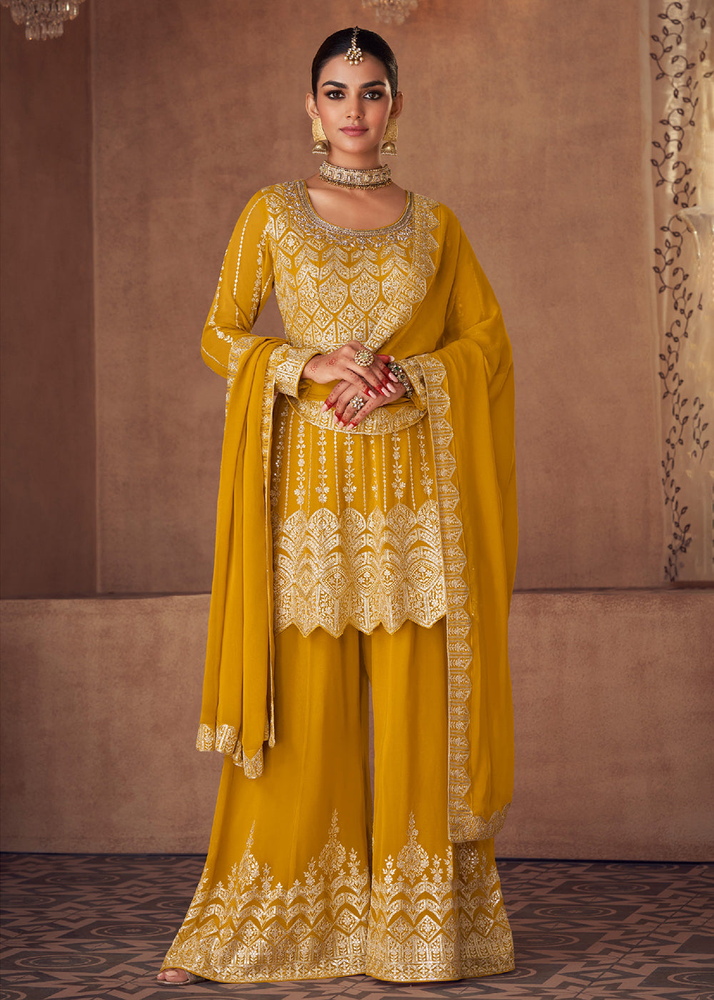 Buy Now Embellished Yellow Chinon & Georgette Designer Palazzo Suit Online in USA, UK, Canada, Germany, Australia & Worldwide at Empress Clothing.