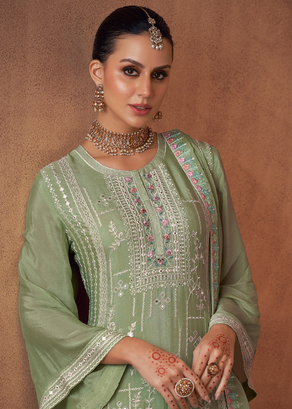 Buy Now Embellished Pastel Green Chinon & Georgette Designer Palazzo Suit Online in USA, UK, Canada, Germany, Australia & Worldwide at Empress Clothing. 