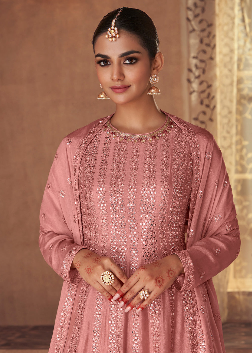 Embellished Peachy Pink Chinon & Georgette Designer Palazzo Suit