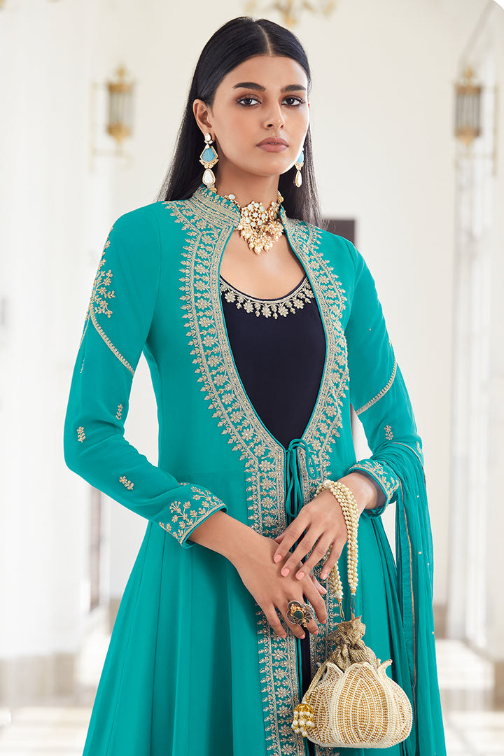 Buy Georgette Exquisite Blue Anarkali - Jacket Style Anarkali Suit