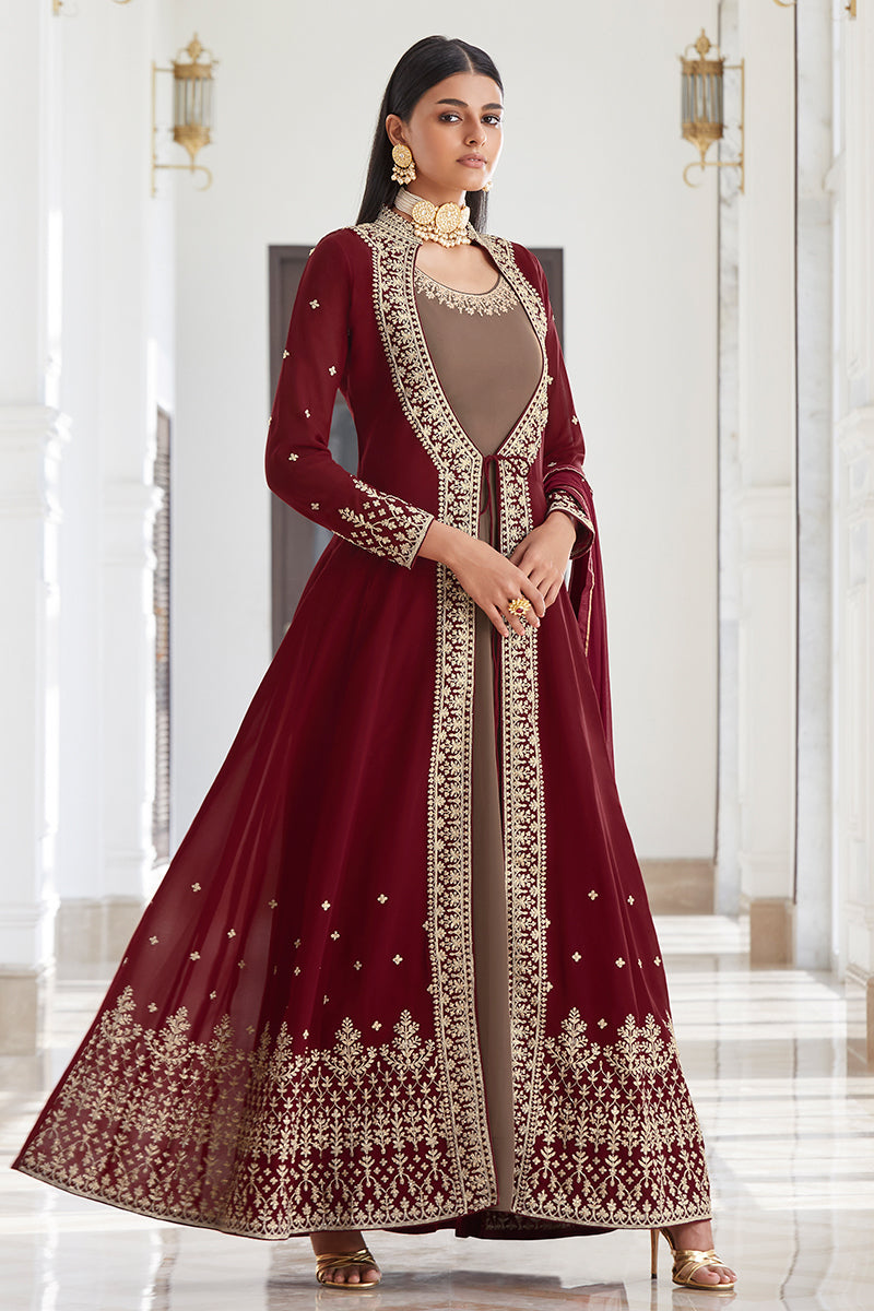 Georgette Fascinating Brown Jacket Style Anarkali Suit Georgette Fascinating Brown Jacket Style Anarkali Suit