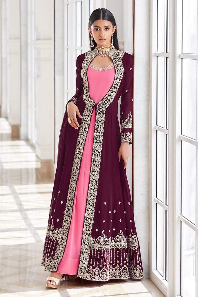 Shop online Shilpa Shetty Zari Work Beige Jacket Style Salwar Suit