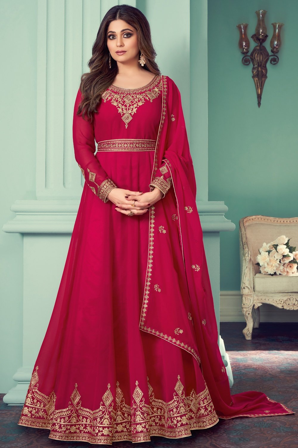 Buy Shamita Shetty Pink Anarkali - Embroidered Anarkali Suit
