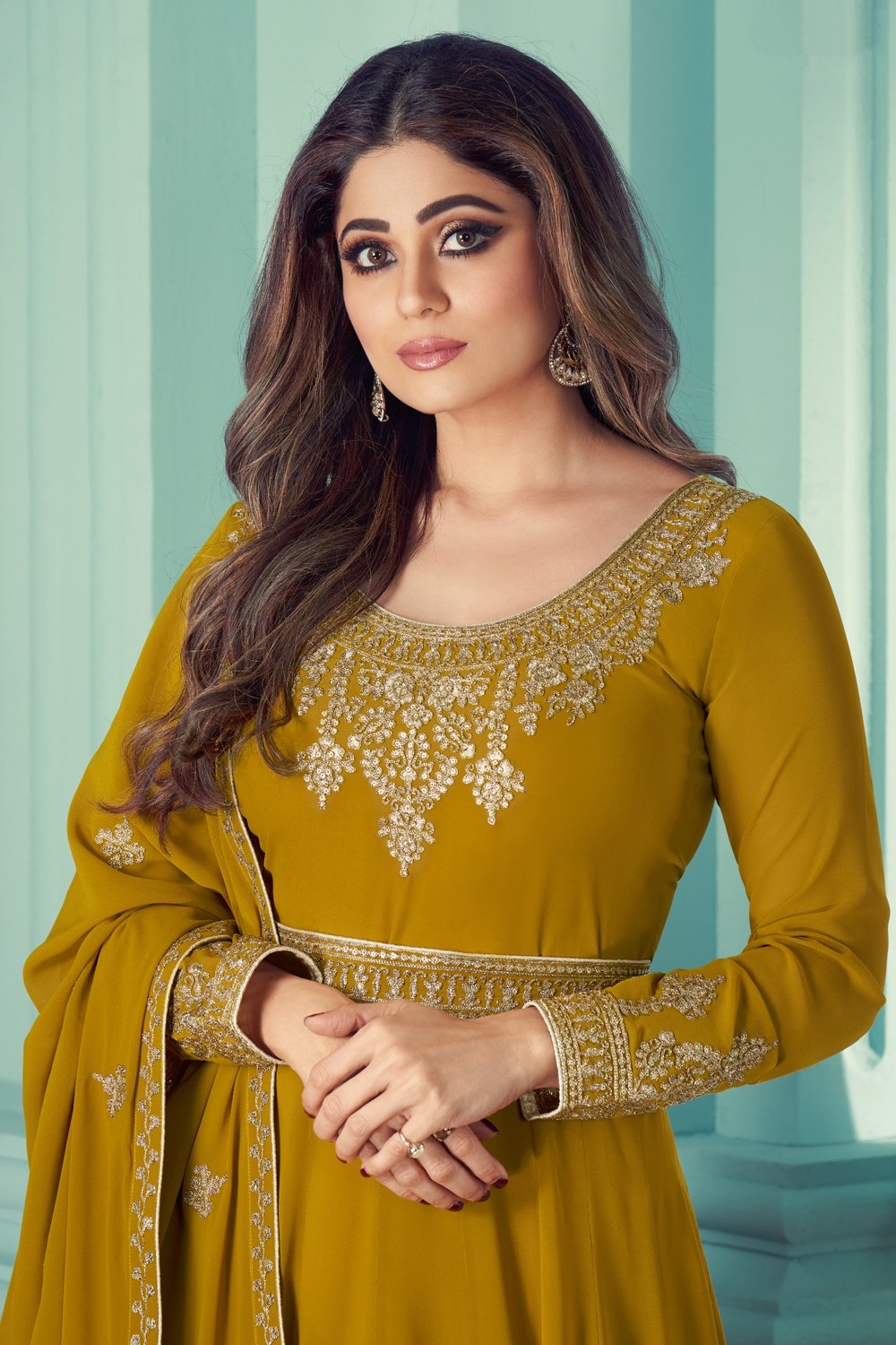 Buy Shamita Shetty Mustard Anarkali - Embroidered Anarkali Suit