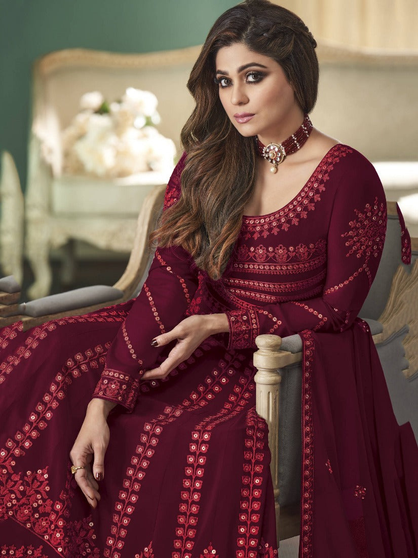 Buy Breathtaking Maroon Anarkali Gown - Featuring Shamita Shetty