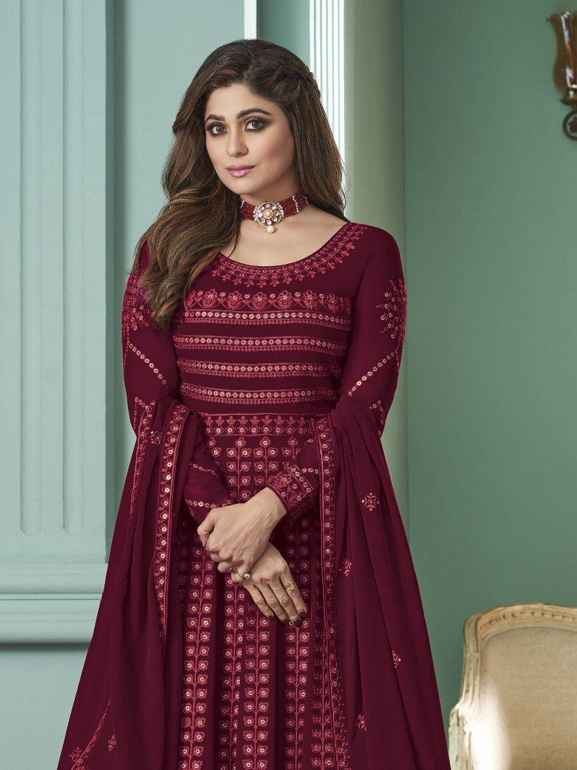 Buy Breathtaking Maroon Anarkali Gown - Featuring Shamita Shetty