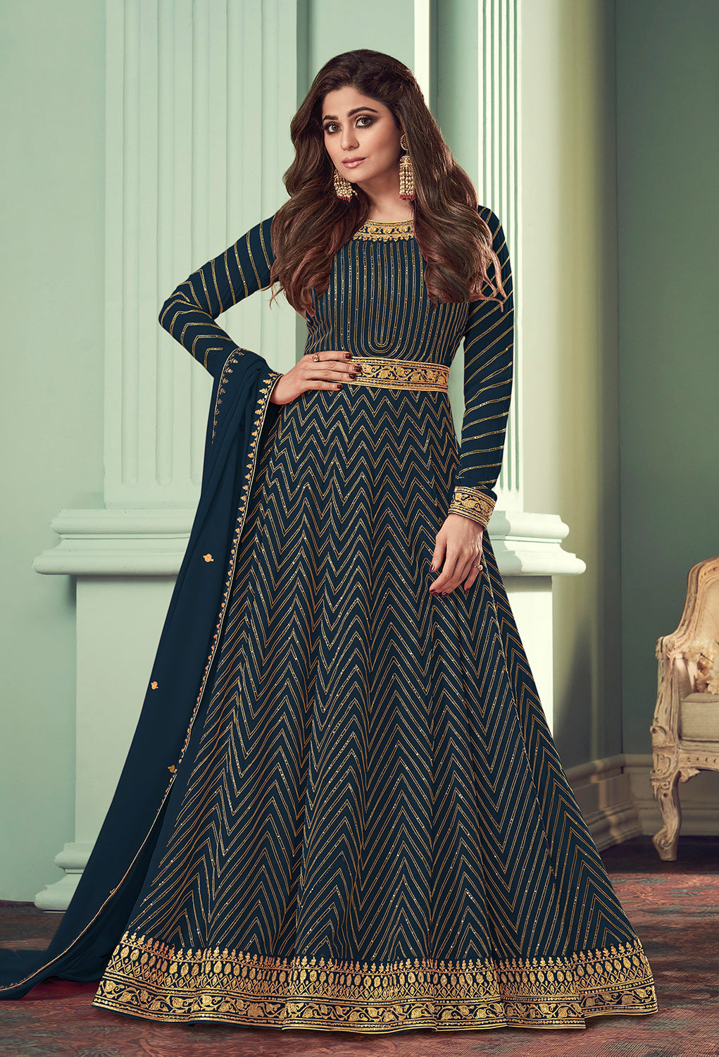 Buy Navy Blue Belt Style Anarkali Gown - Featuring Shamita Shetty
