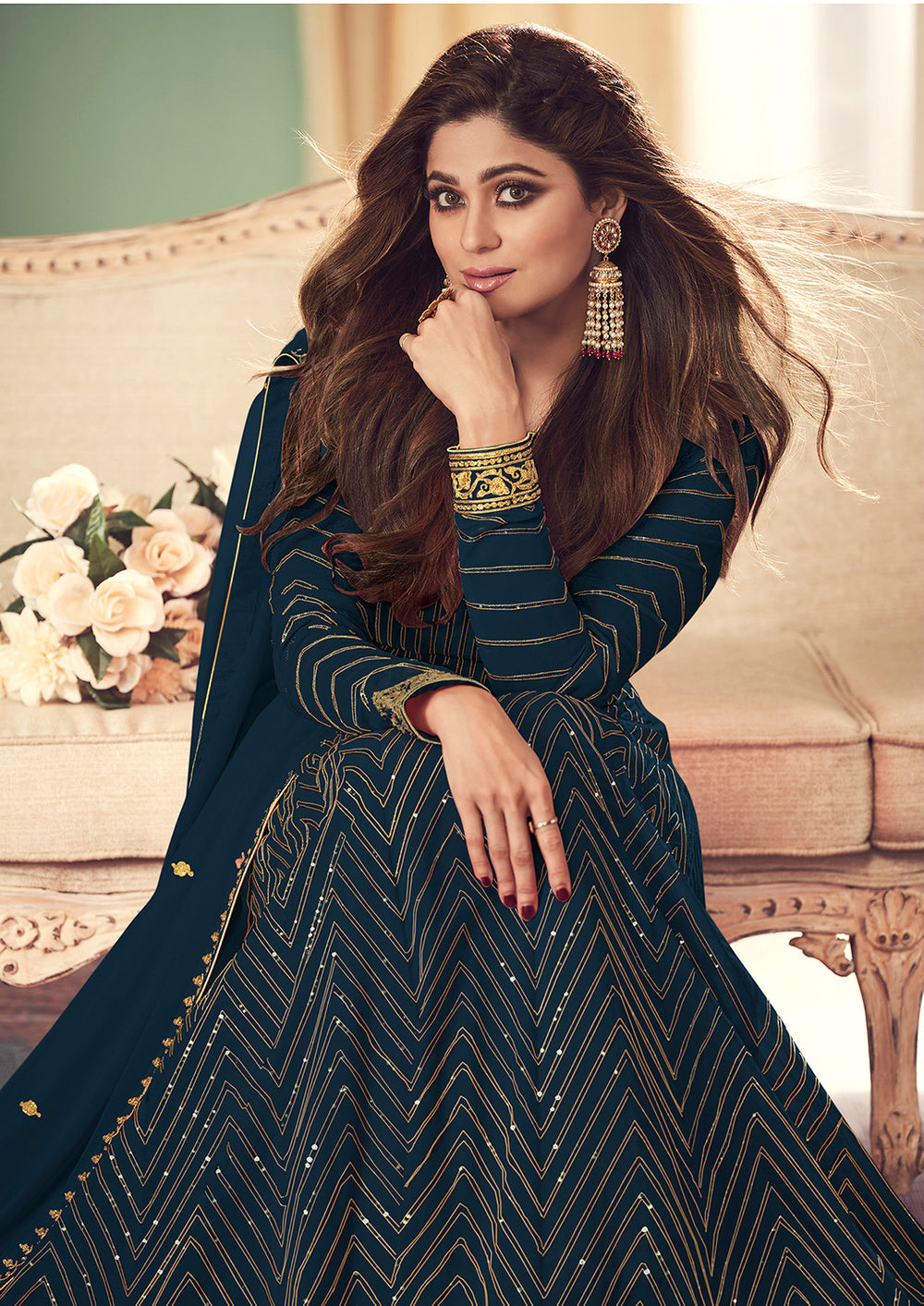Buy Navy Blue Belt Style Anarkali Gown - Featuring Shamita Shetty
