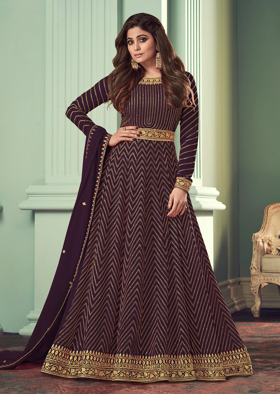 Buy Plum Purple Belt Style Anarkali Gown - Featuring Shamita Shetty
