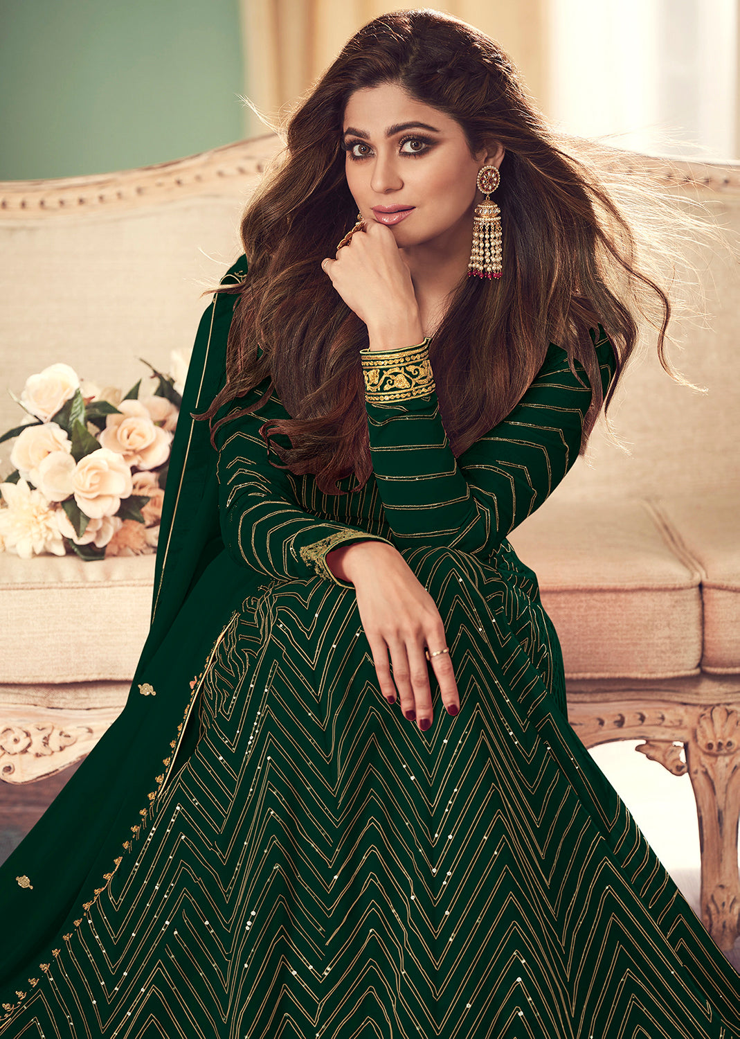 Buy Green Belt Style Anarkali Gown - Featuring Shamita Shetty