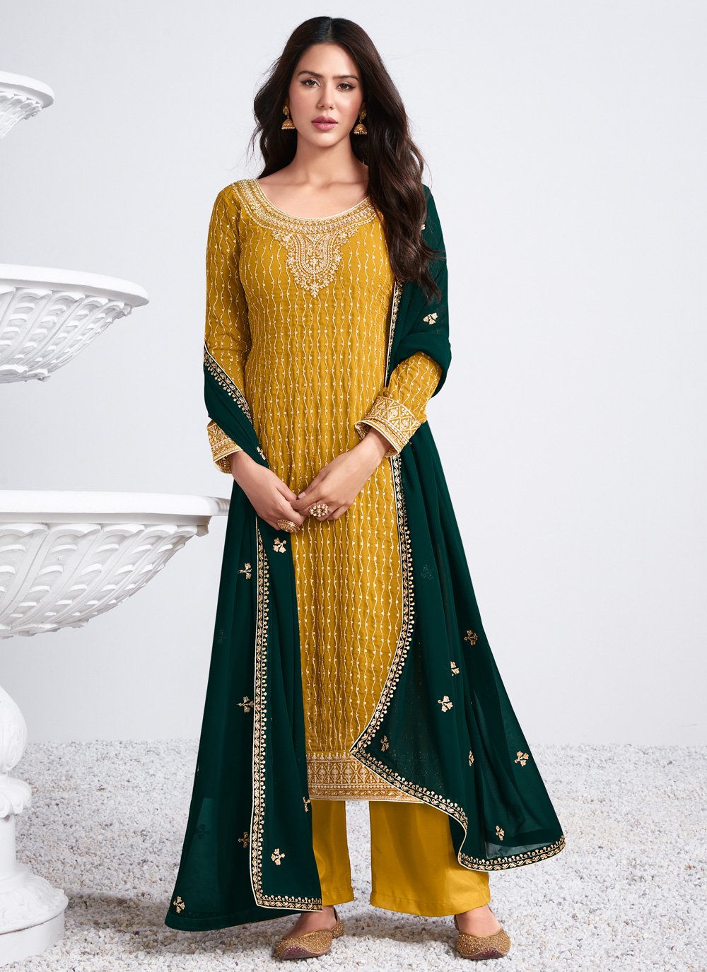 Buy Embroidered Turmeric Yellow Suit - Georgette Palazzo Suit