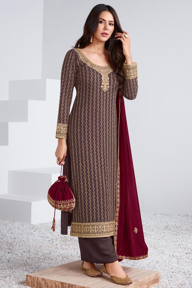 Buy Embroidered Plum Wine Suit - Georgette Palazzo Suit