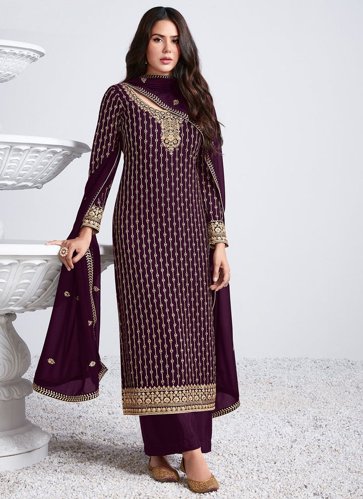 Buy Embroidered Plum Wine Suit - Georgette Palazzo Suit
