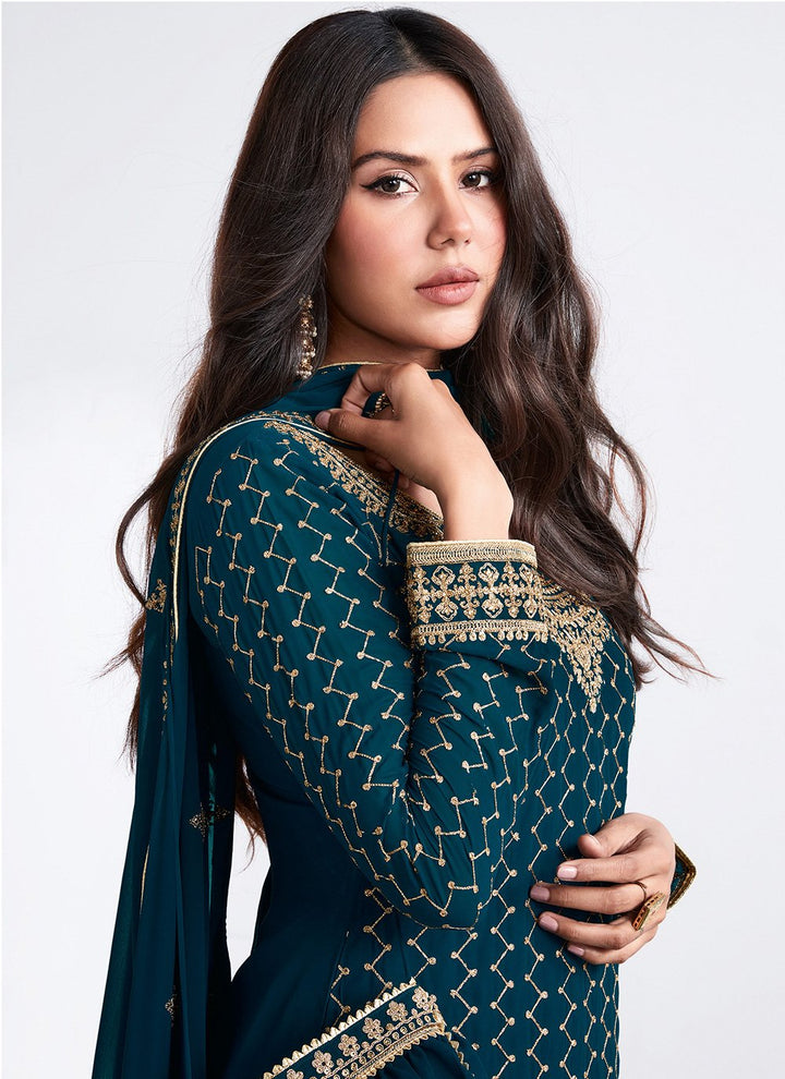 Buy Embroidered Teal Blue Suit - Georgette Palazzo Suit