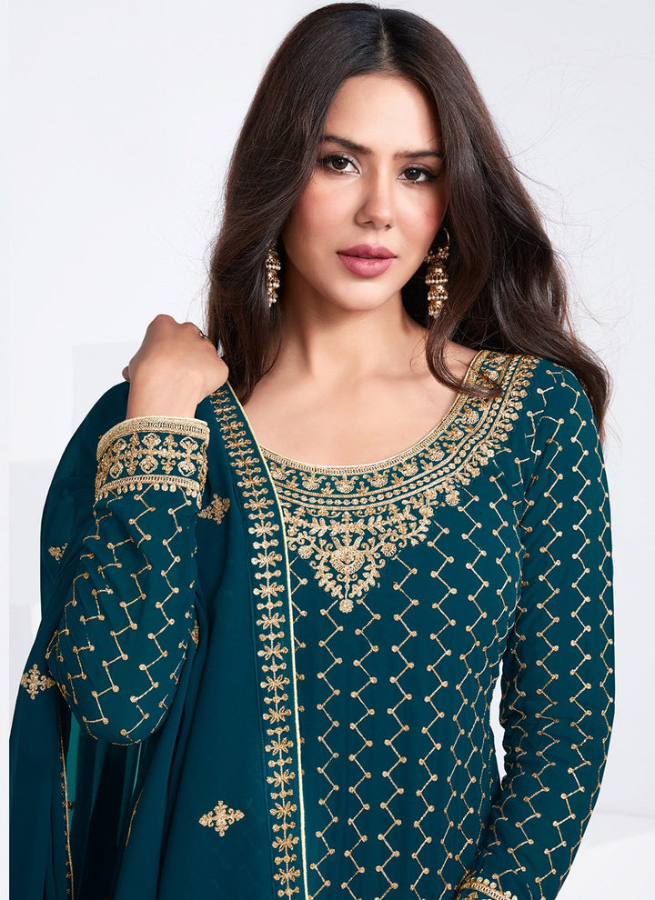 Buy Embroidered Teal Blue Suit - Georgette Palazzo Suit