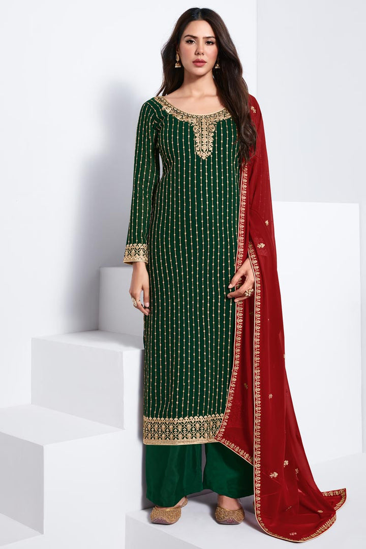 Buy Embroidered Dark Green Suit - Georgette Palazzo Suit