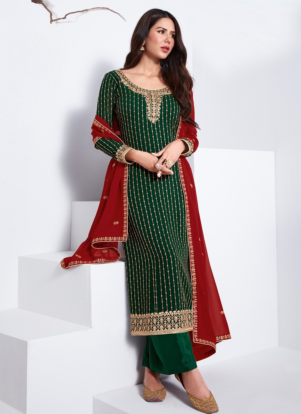Buy Embroidered Dark Green Suit - Georgette Palazzo Suit