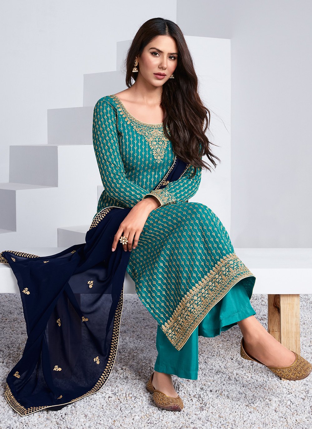 Buy Embroidered Cyan Blue Suit - Georgette Palazzo Suit