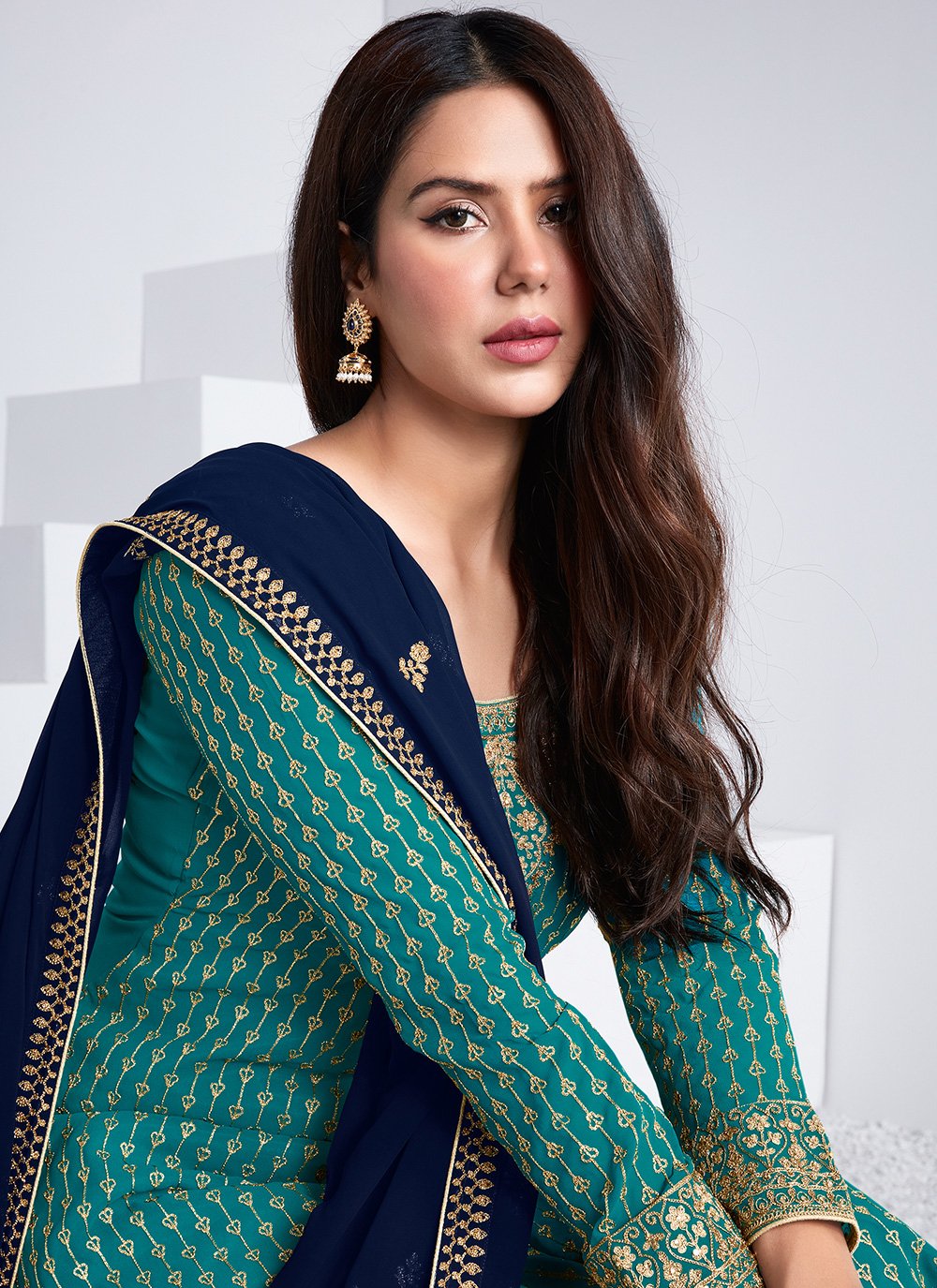 Buy Embroidered Cyan Blue Suit - Georgette Palazzo Suit
