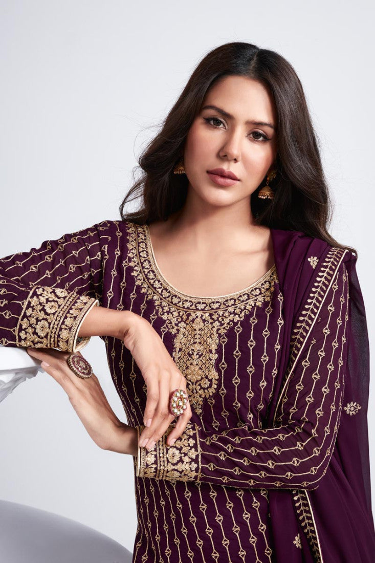Buy Embroidered Dark Purple Suit - Georgette Palazzo Suit