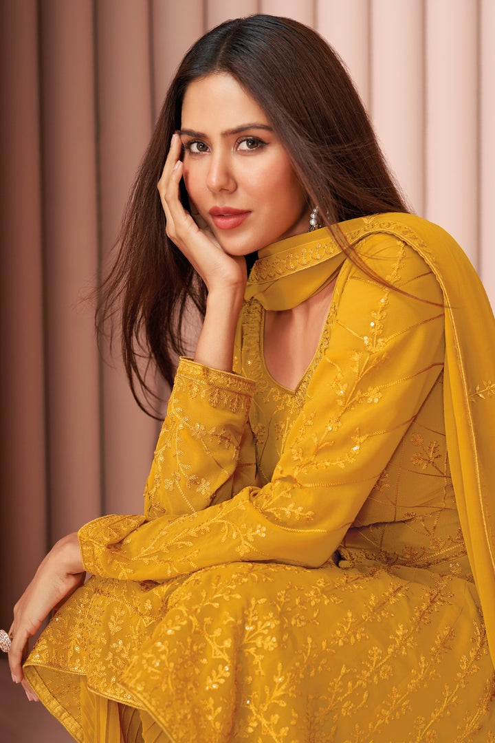 Buy Party Wear Sunny Yellow Suit - Palazzo Style Salwar Suit