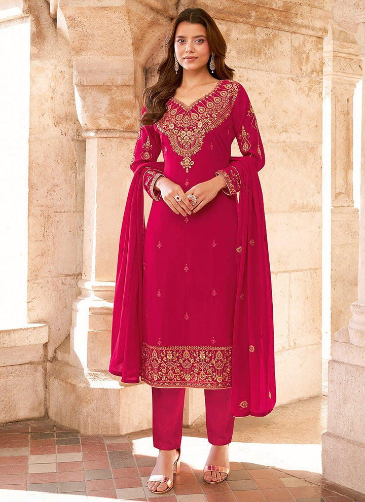 Buy Salwar Kameez in Pink - Resham & Thread Embroidered Suit