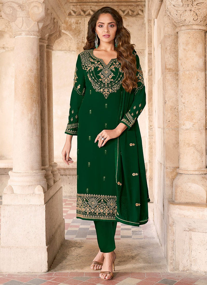 Buy Salwar Kameez in Green - Resham & Thread Embroidered Suit