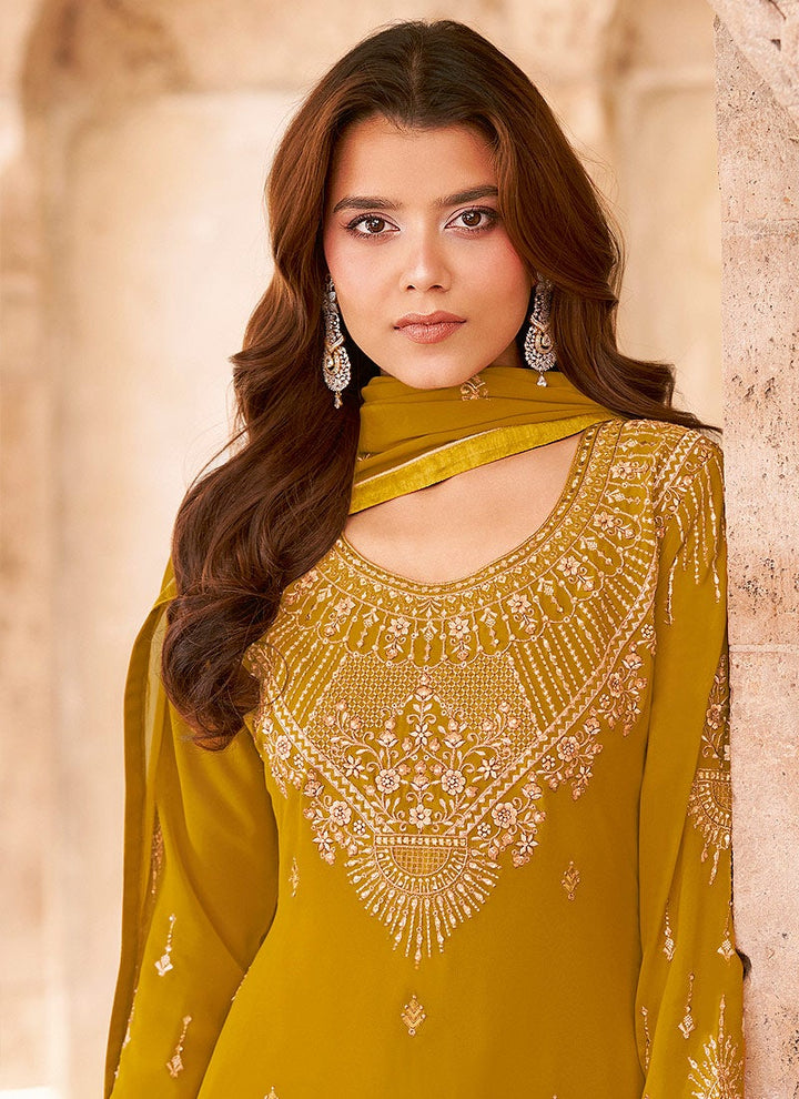 Buy Salwar Kameez in Yellow - Resham & Thread Embroidered Suit