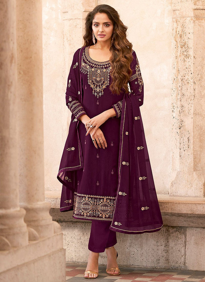 Buy Salwar Kameez in Purple - Resham & Thread Embroidered Suit