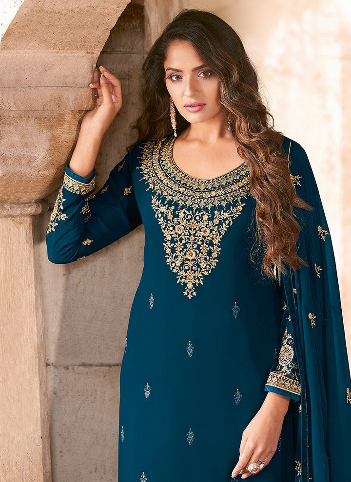 Buy Salwar Kameez in Blue - Resham & Thread Embroidered Suit