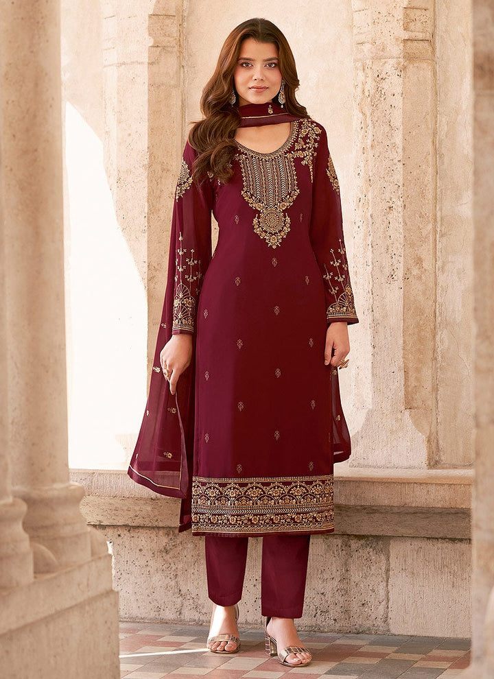 Buy Salwar Kameez in Maroon - Resham & Thread Embroidered Suit
