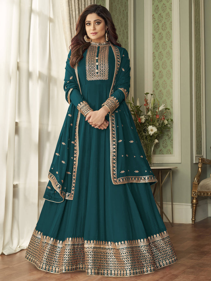 Buy Bollywood Style Teal Blue Anarkali Suit - Featuring Shamita Shetty