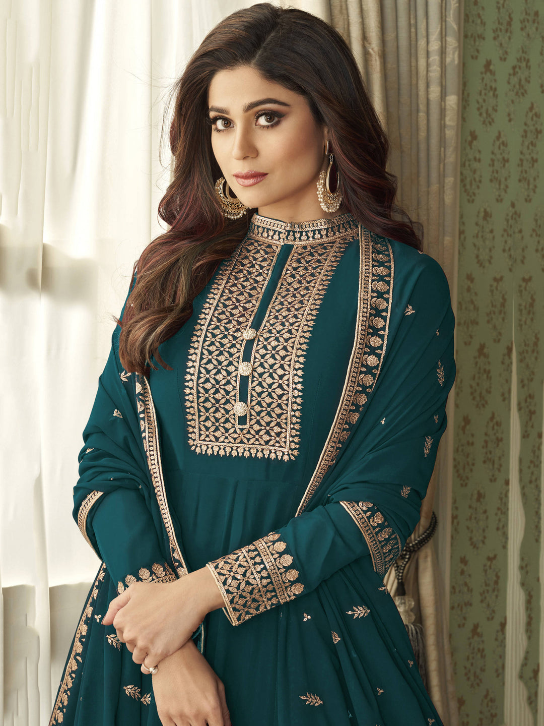 Buy Bollywood Style Teal Blue Anarkali Suit - Featuring Shamita Shetty