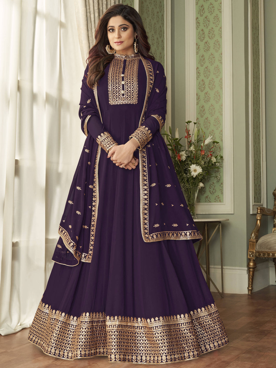 Buy Bollywood Style Purple Anarkali Suit - Featuring Shamita Shetty