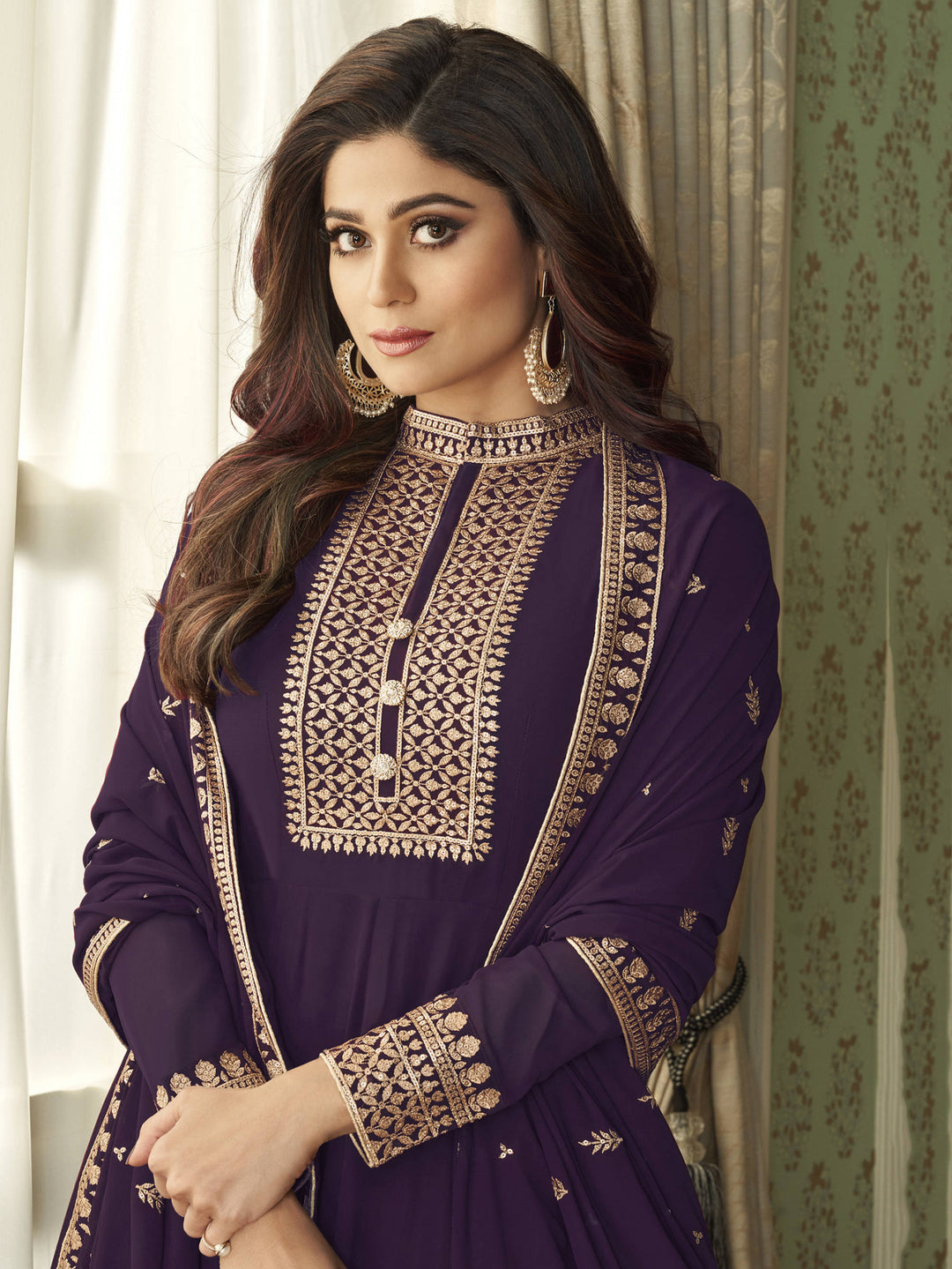 Buy Bollywood Style Purple Anarkali Suit - Featuring Shamita Shetty