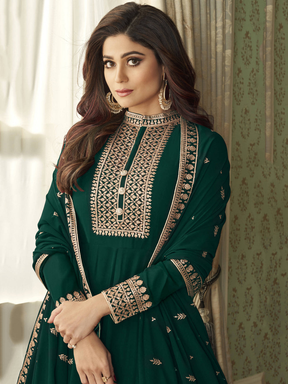 Buy Bollywood Style Dark Green Anarkali - Featuring Shamita Shetty